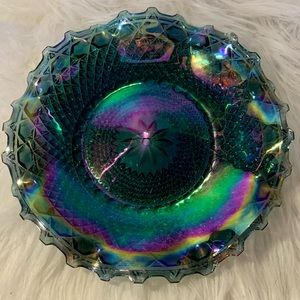 VINTAGE ~ INDIANA BLUE IRIDESCENT CARNIVAL GLASS ~ STARBURST RUFFLED BOWL ~
